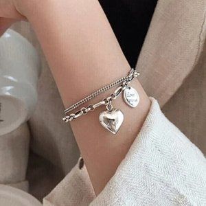 925 Sterling Silver Vintage Heart Shape Pendant Chain Bracelet GIFT BAG